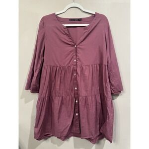 Gundrum Sjoden Purple Tiered Tunic‎ Dress Organic Cotton Small Lagenlook